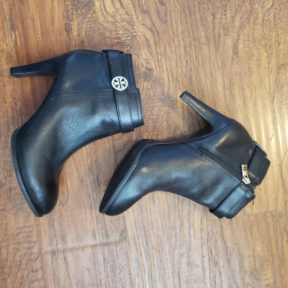 Tory Burch Black Leather Ankle Booties with Gold Logo